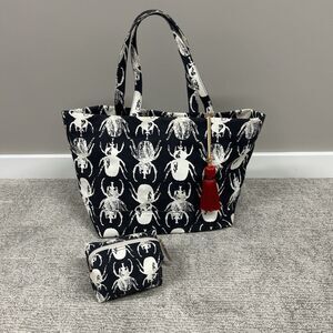 India Hicks Beetle Canvas Tote Bag Navy Blue White & Small Pouch Eleuthera